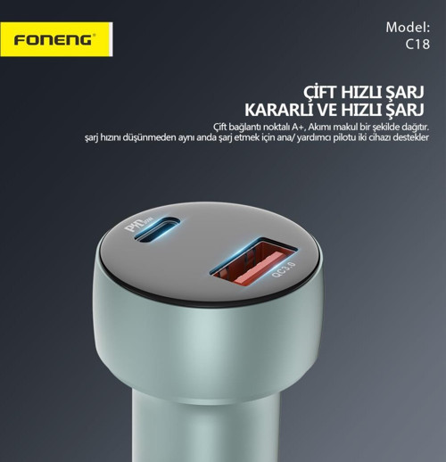 Foneng C18 48W 1xUsb 1xType-C Girişli Dijital Göstergeli Araç içi Çakmaklık Şarj Aleti 6