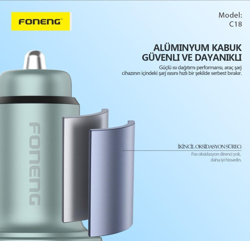 Foneng C18 48W 1xUsb 1xType-C Girişli Dijital Göstergeli Araç içi Çakmaklık Şarj Aleti 5