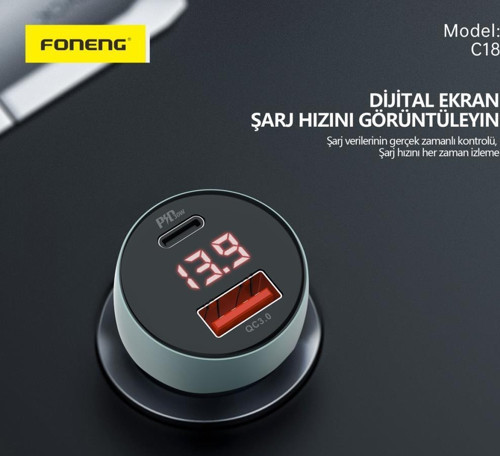 Foneng C18 48W 1xUsb 1xType-C Girişli Dijital Göstergeli Araç içi Çakmaklık Şarj Aleti 4