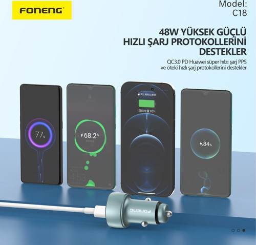 Foneng C18 48W 1xUsb 1xType-C Girişli Dijital Göstergeli Araç içi Çakmaklık Şarj Aleti 3