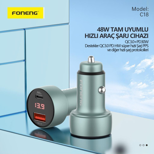 Foneng C18 48W 1xUsb 1xType-C Girişli Dijital Göstergeli Araç içi Çakmaklık Şarj Aleti 2