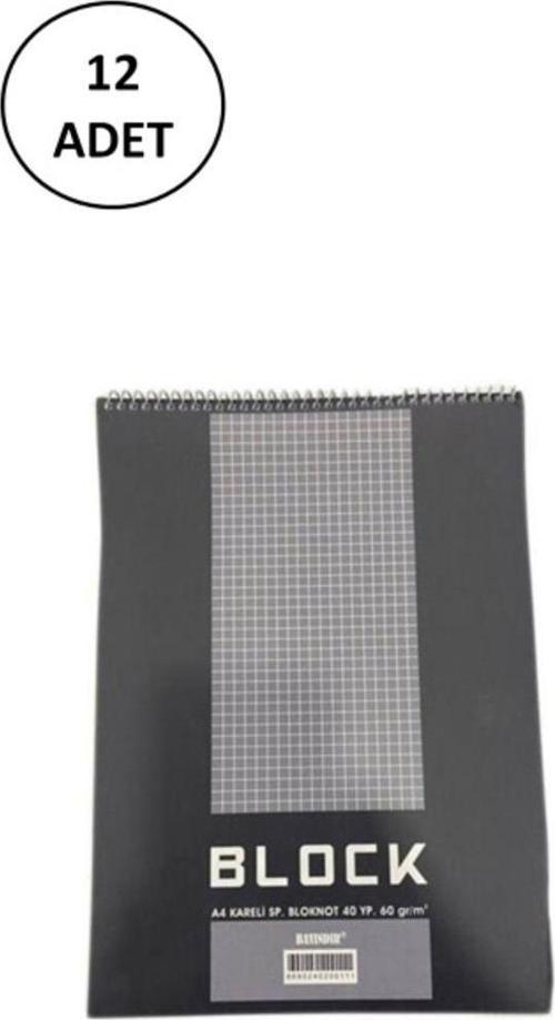 Bayındır Bloknot Spiralli A4 40 Yaprak Kareli Bns0010 12 Adet