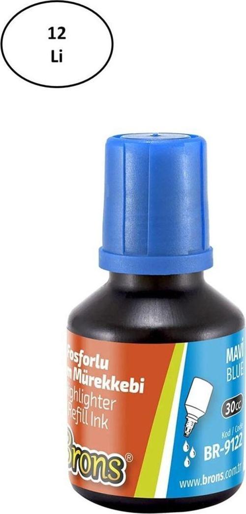 Brons 30 Ml Fosforlu Kalem Mürekkebi Mavi 12'Li