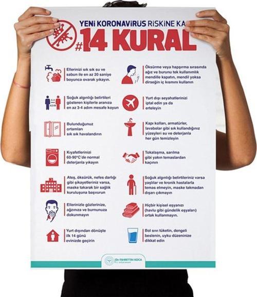 Koronavirüse Karşı 14 Kural Afişi Kendinden Yapışkanlı Folyo 35X50