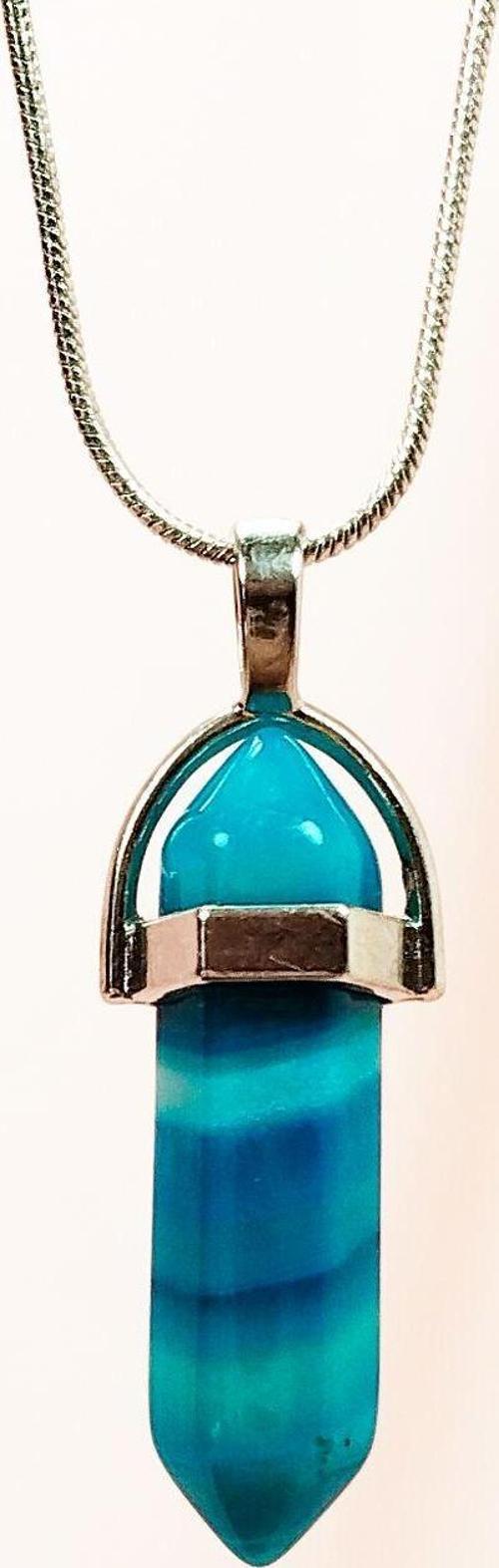 Mavi Akik Doğal Taşı Zincirli El Yapımı Tasarımlı Kolye Uç: 3,5 Cm Zincir: 20 Cm Kutulu