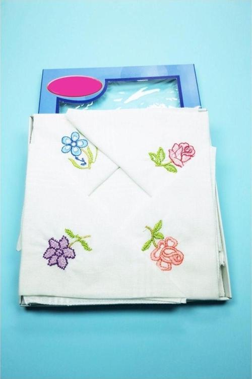 12 Adet Çiçek İşlemeli Kadın Cep Mendili Kutulu Kına Düğün Çeyizlik Mendil 30X30 Cm