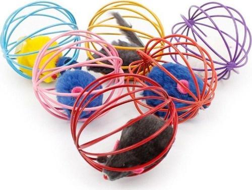 Renkli Metal Kafesli Peluş Fareli Kedi Köpek Oyuncağı Oyun Topu 6 Cm