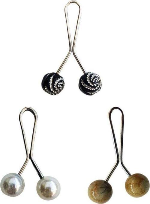 3 Adet Tesettür Eşarp Ve Şal Klipsi Inci Beyaz Hardal Siyah Desenli