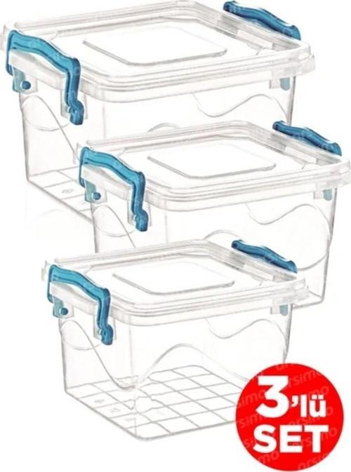 3'Lü Kare Kelepçeli Şeffaf  Kapaklı Saklama Kabı Set 2.4 Lt - 1.2 Lt - 550 Ml