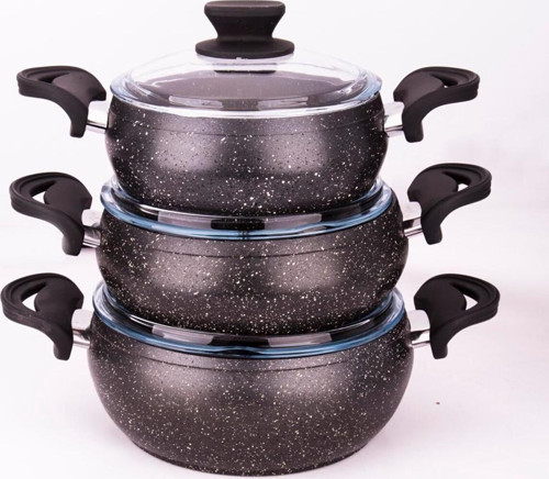 6 Parça Granit 3 Lü Tencere Seti Siyah (18-20-22 Cm)