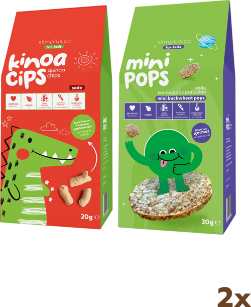 20G Sade Kinoa Cipsi for Kids Sevimli Dinozor ve 30G Mini Pops Karabuğday Patlakları