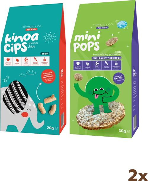 20G Sade Kinoa Cipsi for Kids Tatlı Fil ve 30G Mini Pops Karabuğday Patlakları