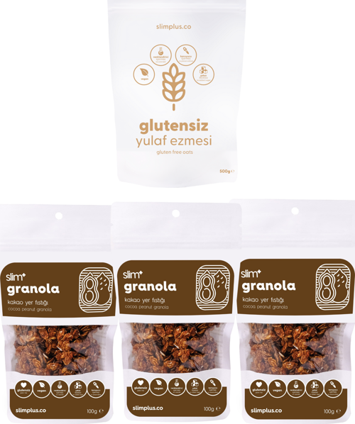 3 Paket Kakao Yer Fıstığı Glutensiz İlave Şekersiz Vegan 100G Granola ve 500G Yulaf Ezmesi Paketi