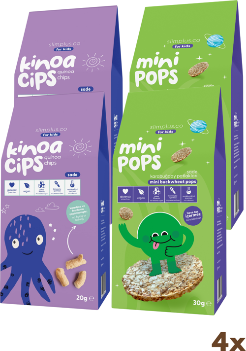 4 Paket 20G Sade Kinoa Cipsi for Kids Bebek Ahtapot ve 30G Mini Pops Karabuğday Patlakları