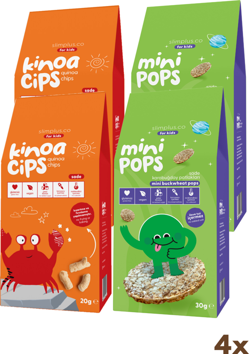 4 Paket 20G Sade Kinoa Cipsi for Kids Neşeli Yengeç ve 30G Mini Pops Karabuğday Patlakları