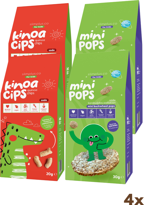4 Paket 20G Sade Kinoa Cipsi for Kids Sevimli Dinozor ve 30G Mini Pops Karabuğday Patlakları