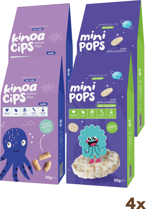 4\'lü Paket 20G Sade Kinoa Cipsi for Kids Bebek Ahtapot ve 30G Mini Pops Pirinç Patlakları