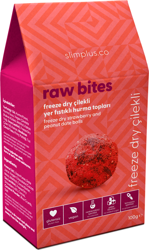 Freeze Dry Çilek Kaplı Glutensiz Vegan Yerfıstıklı Hurma Topları Raw Bites 100gr