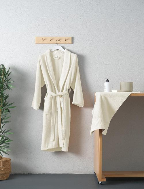 Tuwa Unisex Pamuklu XL Beden Tekli Bornoz Seti  - Ekru