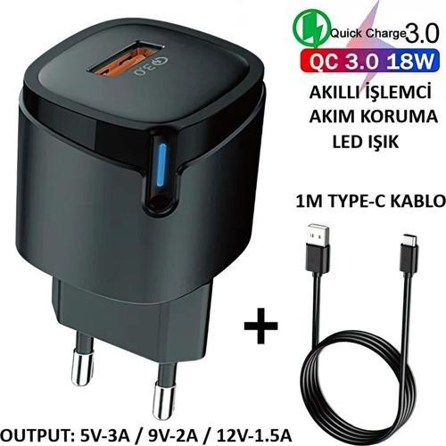 Ultra Kali̇Teli̇ Oc-3.0 18W Hizli Şarj Adaptörü(Akilli Çi̇P/Led Işik/1M Type-C Kablo)