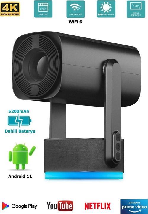 Pj08 Taşınabilir Şarjlı 5200Mah Wi-Fi Auto Focus Rgb 720P Hd 4K Android 11 Hd Projeksiyon