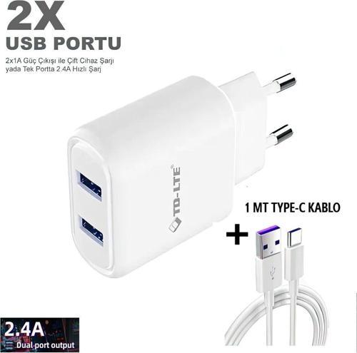 5V 2.4A Çift Usb Çıkışlı Şarj Cihazı 1Mt Type-C Kablo.