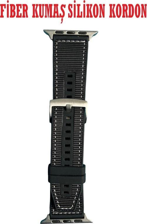 Apple Watch Uyumlu ( 2,3,4,5,6,7,8,9 44-45-49 Mm ) Fi̇Ber Kumaş Desenli̇ Si̇Li̇Kon Kordon