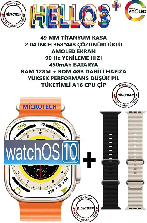 Hello Watch 3+ Plus Watch 9 Ultra 2 (Son Seri̇ Yeni̇ Üreti̇M 3 Kordonlu)