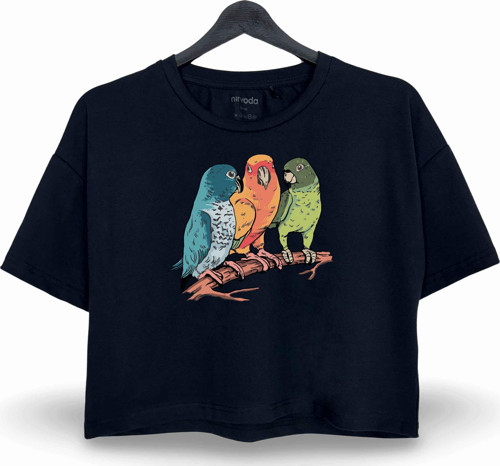 Renkli Papağan Baskılı Oversize Crop Tişört