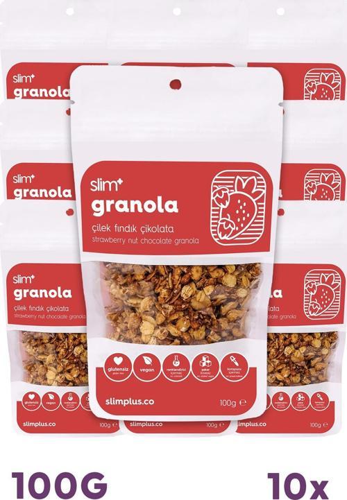 10 Paket Çikolata Çilek Fındık Glutensiz İlave Şekersiz Vegan Granola 100gr