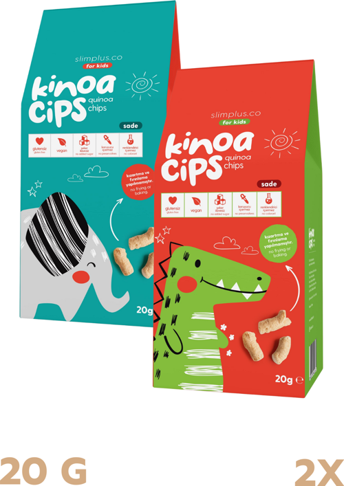 2 Paket 20 GR. Sade Kinoa Cips For Kids Tatlı Fil ve Sevimli Dinozor