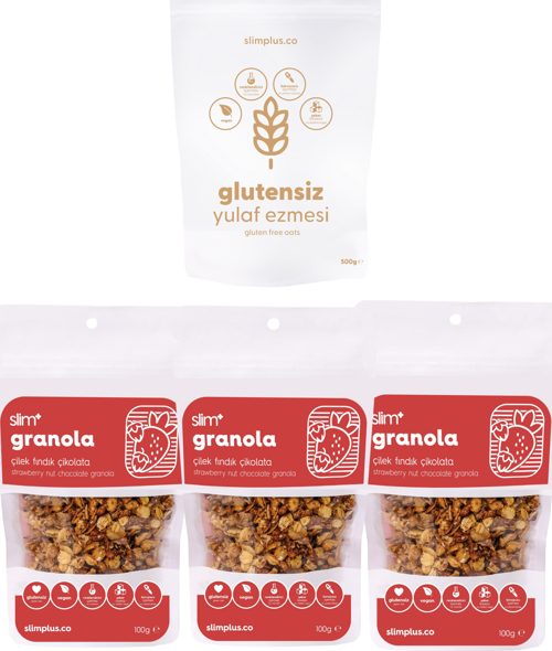 3 Paket Çikolata Çilek Fındık Glutensiz İlave Şekersiz Vegan Granola 100G ve 500G Yulaf Ezmesi Paketi