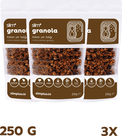 3 Paket Kakao Yer Fıstığı Glutensiz İlave Şekersiz Vegan Granola 250gr