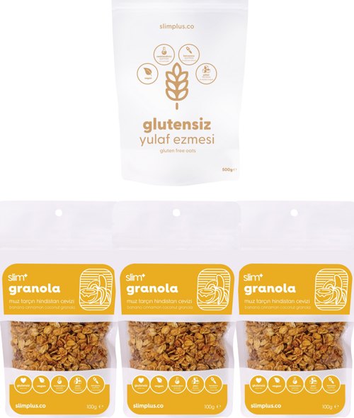 3 Paket Muz Tarçın Hindistan Cevizi Glutensiz İlave Şekersiz Vegan 100G Granola ve 500G Yulaf Ezmesi Paketi
