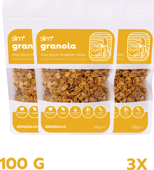 3 Paket Muz Tarçın Hindistan Cevizi Glutensiz İlave Şekersiz Vegan Granola 100gr