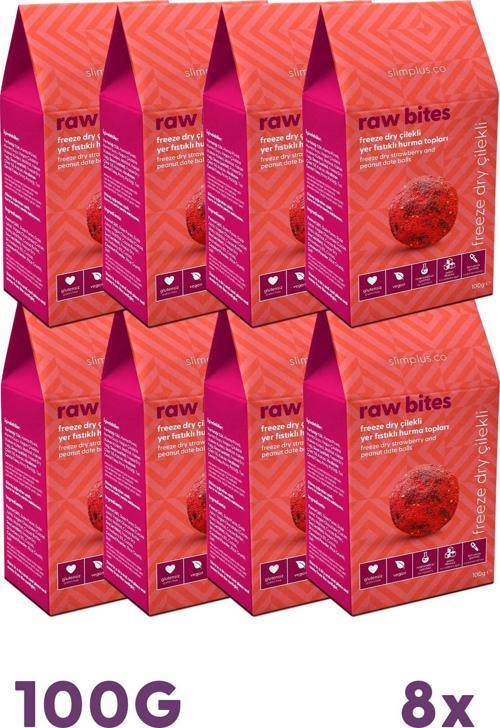 8 Paket Freeze Dry Çilek Kaplı Glutensiz Vegan Yerfıstıklı Hurma Topları Raw Bites 100G