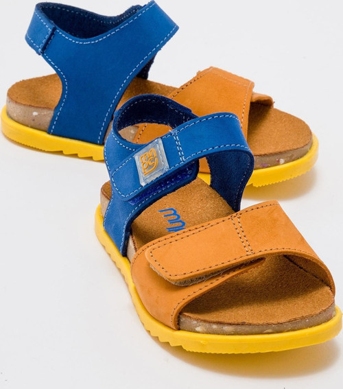 Unisex Çocuk Sarı-Saks Hakiki Deri Mantar Tabanlı Çocuk Sandalet