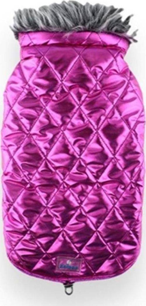 Shiny Yakalı Kürklü Mont Fuşya Xsmall