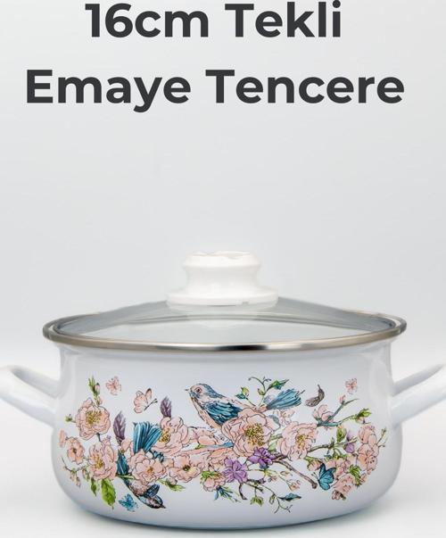 16cm Kuş Desenli Tekli Cam Kapaklı Emaye Güveç Tencere