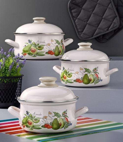 Emaye 6 Parça Emaye Kapakli Krem Set  - Avokado Dekor