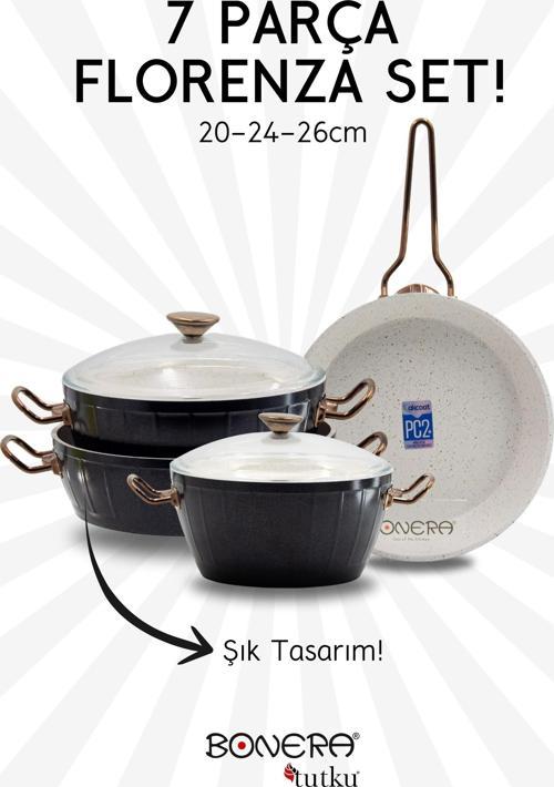 Florenza 7 Parça Dışı Siyah & İçi Beyaz Rose Gold Kulp Detaylı Tencere & Tava Seti