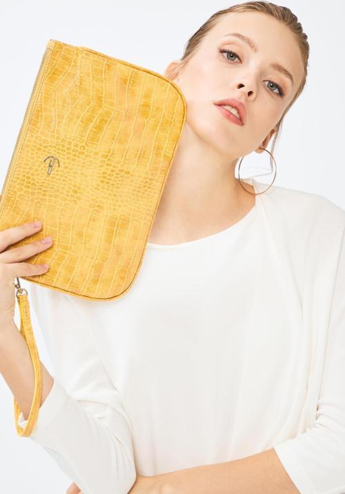 Kadın Basic Clutch Çanta Kroko Timsah Desen Hardal 214002