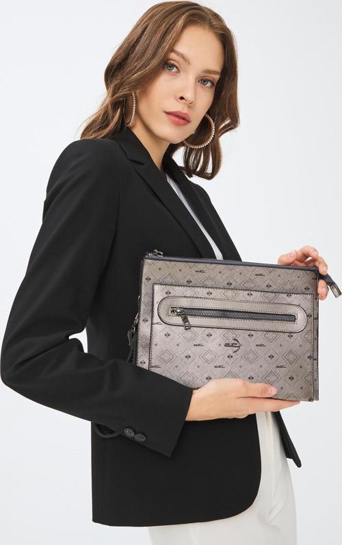 Kadın Basic Clutch Çanta Monogram Desen Gümüş Siyah (4034G) 214031