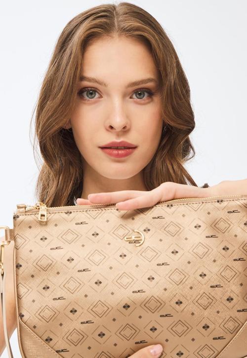 Kadın Basic Clutch Çanta Monogram Desenli Altın 214002
