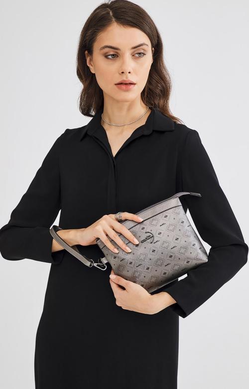 Kadın Basic Clutch Çanta Monogram Desenli Logolu Gümüş Siyah (4010G) 214009