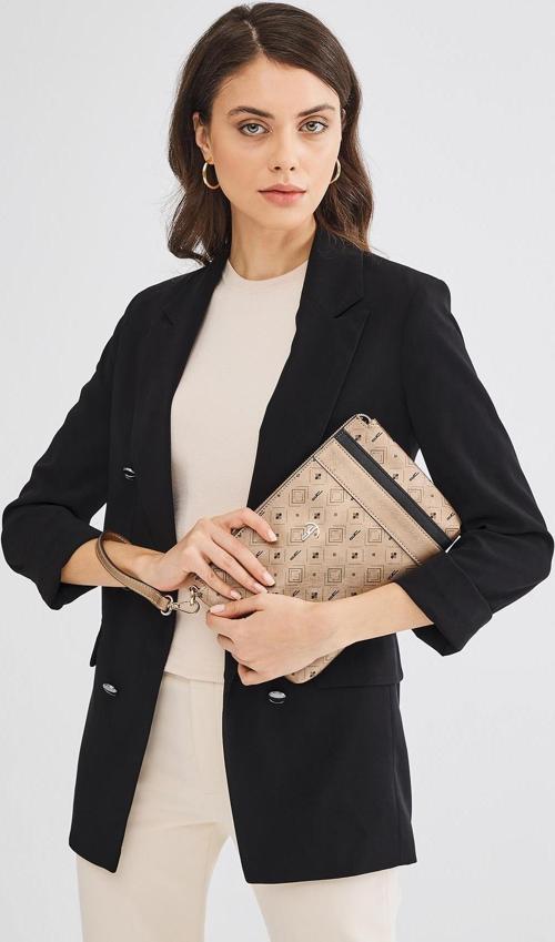 Kadın Basic Clutch Çanta Monogram Desenli Şeritli Altın Siyah (4006A) 214012