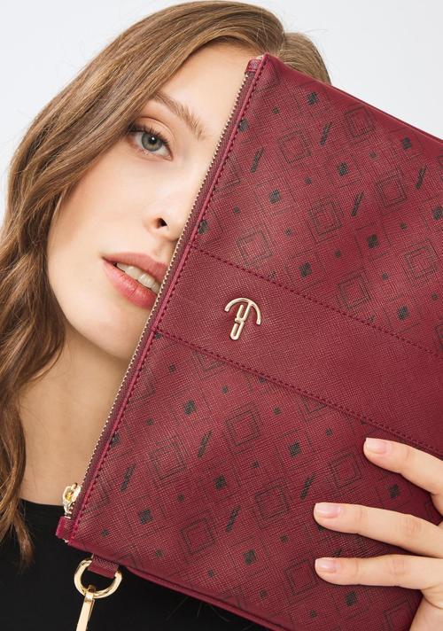 Kadın Basic Clutch Çanta Monogram Desenli Şeritli Logolu Bordo 214002