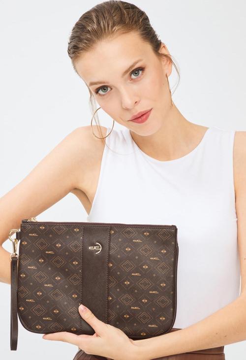 Kadın Basic Clutch Çanta Monogram Desenli Şeritli Logolu Kahverengi 214002