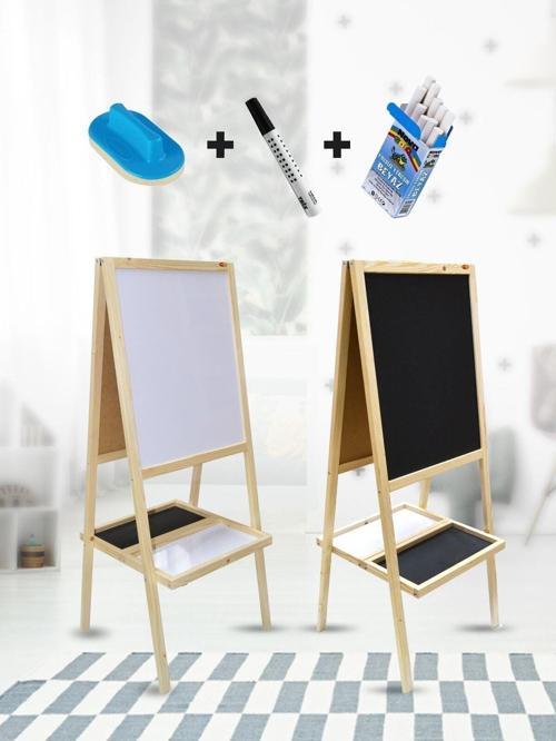Ahşap Ayaklı Çift Taraflı Sepetli Öğrenci Tipi 35X50 Yazı Tahtası Silgi Kalem Tebeşir