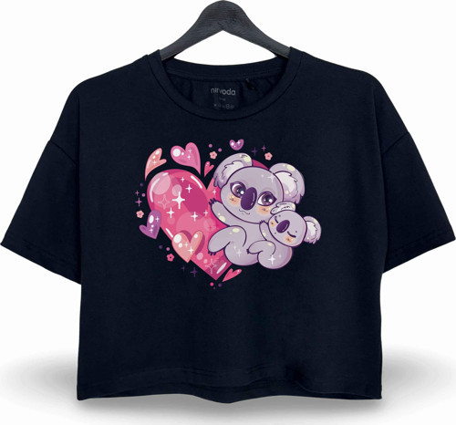Kalp Koala Baskılı Oversize Crop Tişört